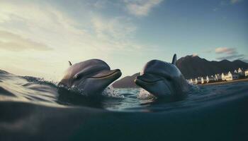 Two playful dolphins swimming in the blue sea, smiling joyfully generated by AI photo