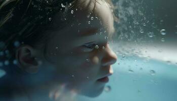 sonriente niño disfruta verano divertido, salpicaduras en azul agua gotas generado por ai foto