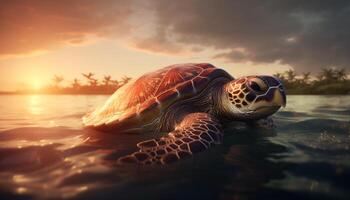 Turtle swims in tranquil sea, surrounded by beautiful nature generated by AI photo