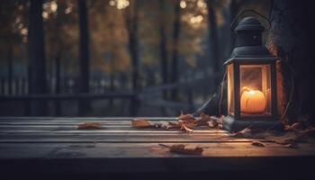 Rustic lantern illuminates autumn table with glowing candle flame generated by AI photo