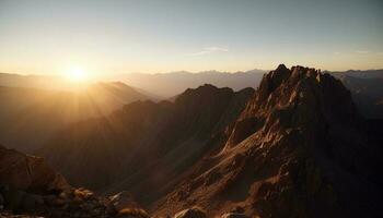 Silhouette of majestic mountain peak back lit by yellow sunlight generated by AI photo