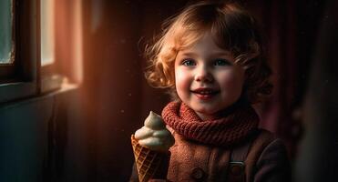 linda rubio niñito disfrutando dulce postre adentro con alegre sonrisa generado por ai foto