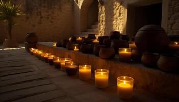 Candlelight glowing in the dark, symbol of spirituality and relaxation generated by AI photo