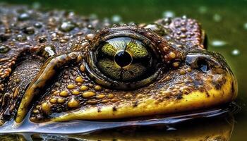 Yellow eyed crocodile looking at camera in slimy blue pond generated by AI photo