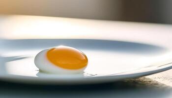 Fresh organic egg on plate, yellow yolk, high protein meal generated by AI photo