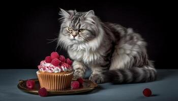 Fluffy kitten indulges in gourmet raspberry dessert on yellow table generated by AI photo