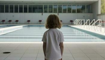 niños nadando en piscina, adultos de pie, disfrutando ocio actividad generado por ai foto