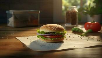 Fresh gourmet cheeseburger on rustic wood table with grilled vegetables generated by AI photo