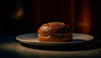 cerca arriba de insalubre hamburguesa con queso en plato con papas fritas y cebolla generado por ai foto