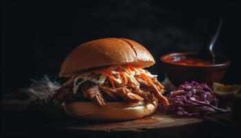 Grilled beef burger with pulled pork, coleslaw, and shredded onion generated by AI photo