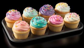 A collection of homemade cupcakes with vibrant colors and decoration generated by AI photo