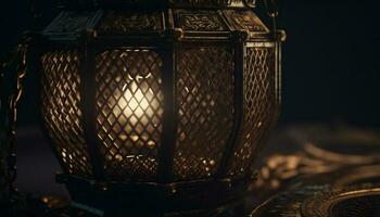 Antique lantern glows ornate yellow, illuminating traditional Ramadan celebration indoors generated by AI photo