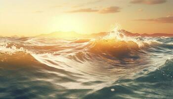 puesta de sol olas chapoteo en naturaleza agua, belleza en movimiento al aire libre generado por ai foto