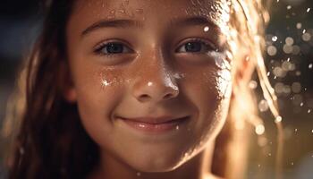 Cute girl enjoys playful summer rain, smiling with toothy joy generated by AI photo