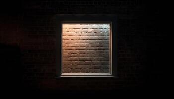 Dark old brick wall with rusty window in abandoned building generated by AI photo