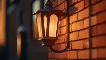 Antique lantern illuminates old fashioned architecture in rustic outdoor setting generated by AI photo