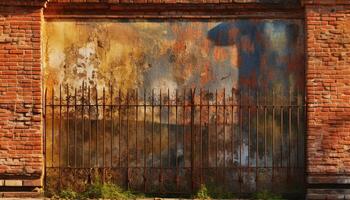 Rusty old metal door on weathered brick building backdrop generated by AI photo