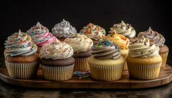 Cute homemade cupcakes with colorful icing for birthday celebration decoration generated by AI photo