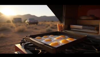 Freshly baked bread on rustic plate, farm to table cooking outdoors generated by AI photo