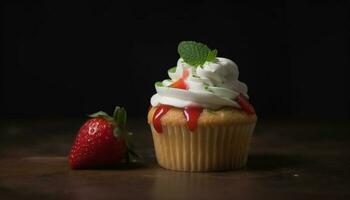 Freshly baked berry cupcakes with whipped cream and raspberry decoration generated by AI photo