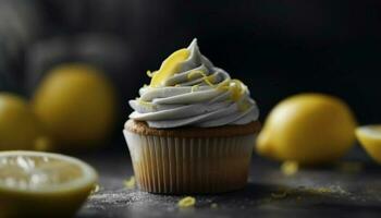 Homemade gourmet cupcakes with lemon icing and chocolate decoration generated by AI photo