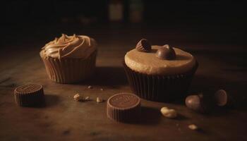 Homemade chocolate muffin, a sweet indulgence on wooden table generated by AI photo