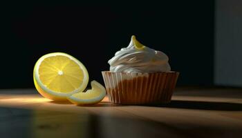 Fresh lemon cupcakes with creamy icing on wooden table background generated by AI photo