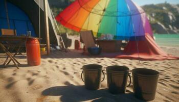 Summer camping adventure colorful tent, bucket, and nautical equipment near coastline generated by AI photo