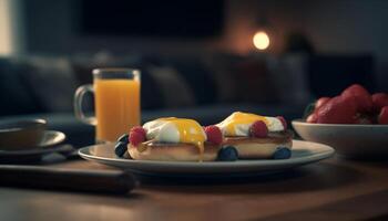 Sweet gourmet dessert on wooden table with fresh berry fruit generated by AI photo