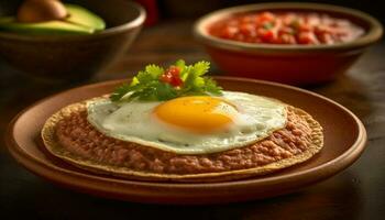 Fresco gastrónomo comida en rústico madera plato con cocido carne y vegetales generado por ai foto