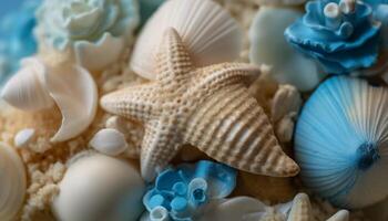 Underwater collection of seashells and animal shells in tropical background generated by AI photo