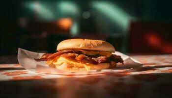 A la parrilla carne de vaca hamburguesa con queso, cebolla, y tomate en bollo generado por ai foto