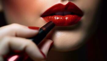 Beautiful woman applies lipstick with elegance and sensuality in studio generated by AI photo