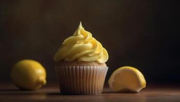 Homemade lemon muffin with chocolate icing on wood table generated by AI photo