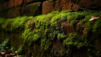 Overgrown forest floor reveals weathered stone material and fungus growth generated by AI photo