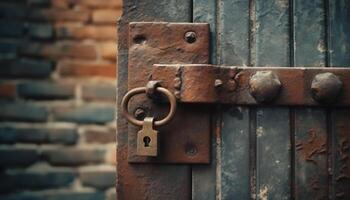 Rusty old padlock on weathered steel door symbolizes ancient security generated by AI photo