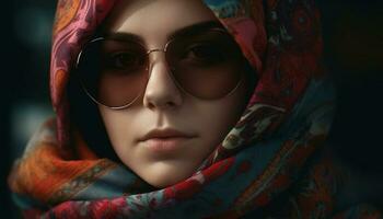 hermosa joven mujer en Gafas de sol exuda elegancia y sensualidad generado por ai foto