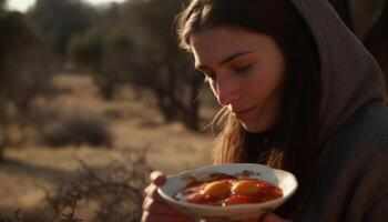 Young woman enjoying organic fruit in nature beauty and sunlight generated by AI photo