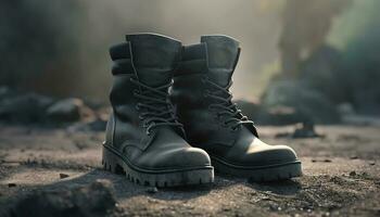 Old leather hiking boots, worn by men in muddy nature generated by AI photo
