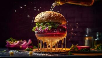 Fresh gourmet burger meal on rustic wood table with refreshment generated by AI photo