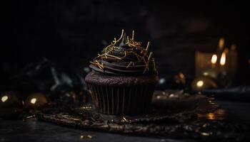 Homemade chocolate cupcakes with dark icing on rustic wood table generated by AI photo