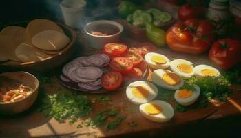 Fresh vegetarian salad on wooden plate with multi colored vegetables generated by AI photo