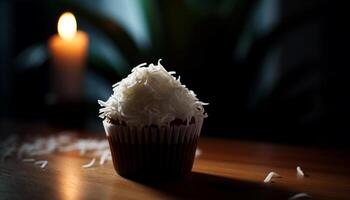 Sweet dessert on wooden table with candle flame burning bright generated by AI photo