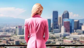 City life success Businessman and businesswoman standing, watching urban skyline generated by AI photo