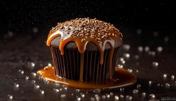 Homemade chocolate muffin with creamy icing on rustic wooden plate generated by AI photo