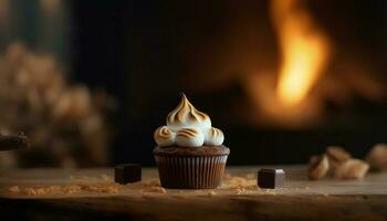 Baked chocolate cupcake with sweet icing and burning candle flame generated by AI photo