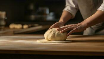 Handmade bread dough kneaded on wooden cutting board in kitchen generated by AI photo