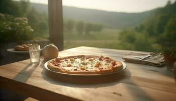 Freshly baked pizza on rustic wooden table, topped with mozzarella generated by AI photo