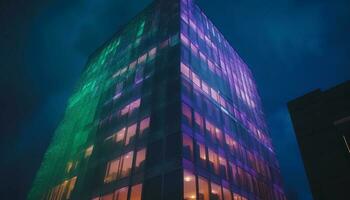 Futuristic skyscraper illuminates city life with vibrant colors and geometric shapes generated by AI photo