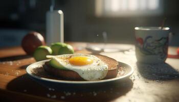 Fresh gourmet meal on wooden plate, close up of healthy cooking generated by AI photo